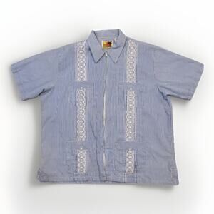 Haband Guayabera Shirt Mens XL Blue Stripe Full Zip Embroidered Cuban Tropical